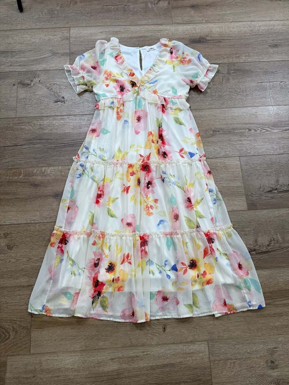 GeeGee Floral Tiered Chiffon Midi Dress Flutter Sleeve V-Neck Boho Women’s L - Picture 2 of 13